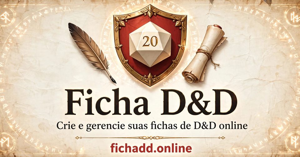 Arte do FichaDD: um dado de vinte lados sobre um escudo, com uma pena e um pergaminho