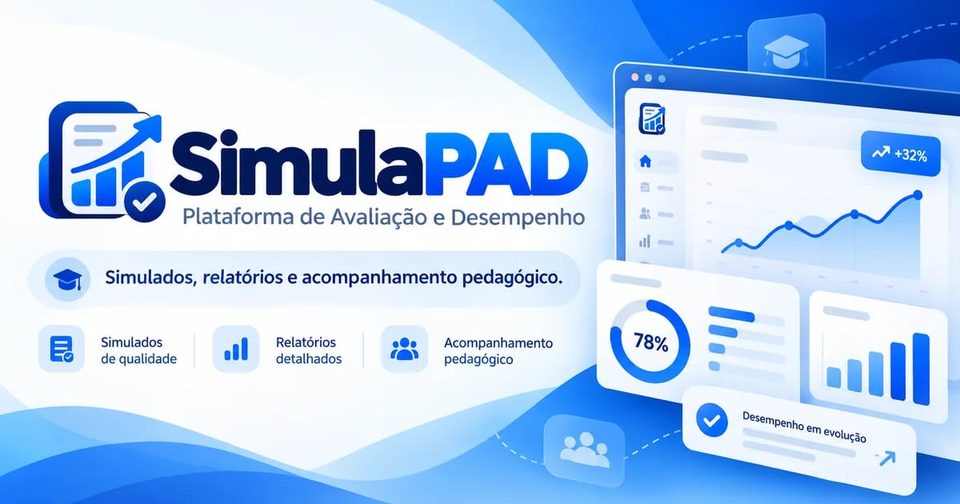 Arte do SimulaPAD com o logotipo e telas de relatórios de desempenho